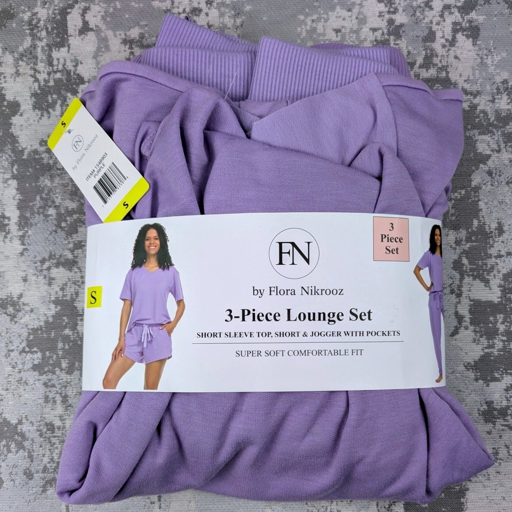 Flora Nikrooz Womens‎ 3-Piece Lounge Set Purple Top Shorts Joggers Small 1548903